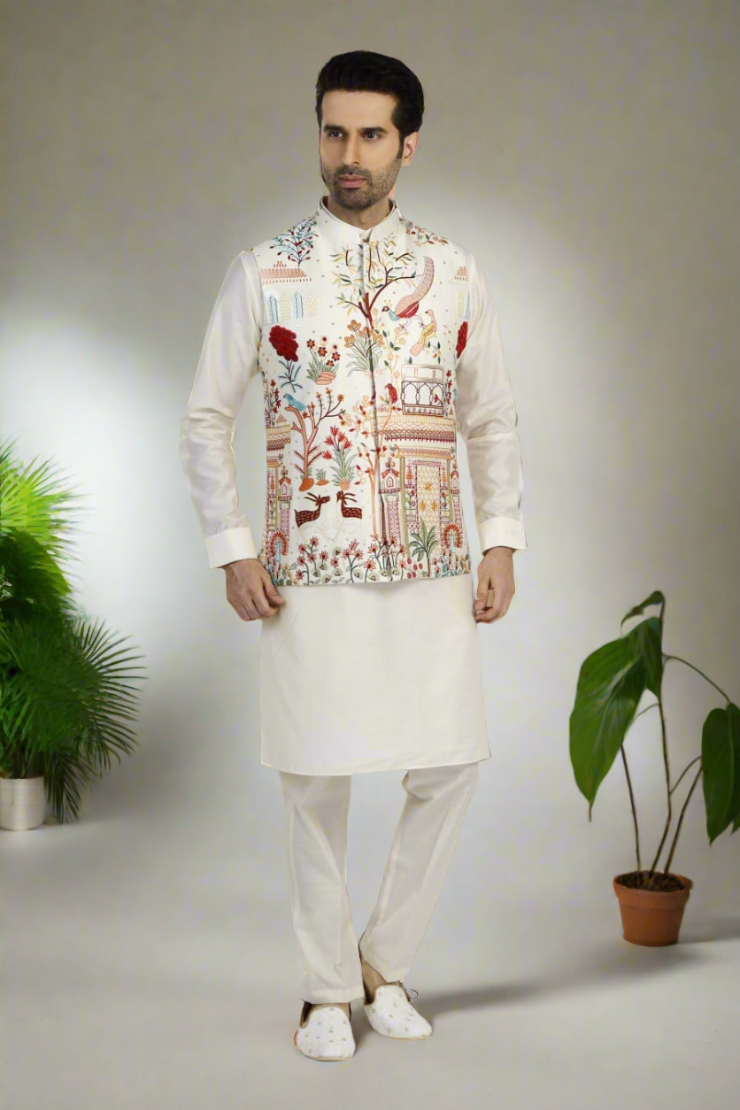 Men's Black and White Multi-Colour Thread Embroidery Nehru Jacket Set - KPH Outfits