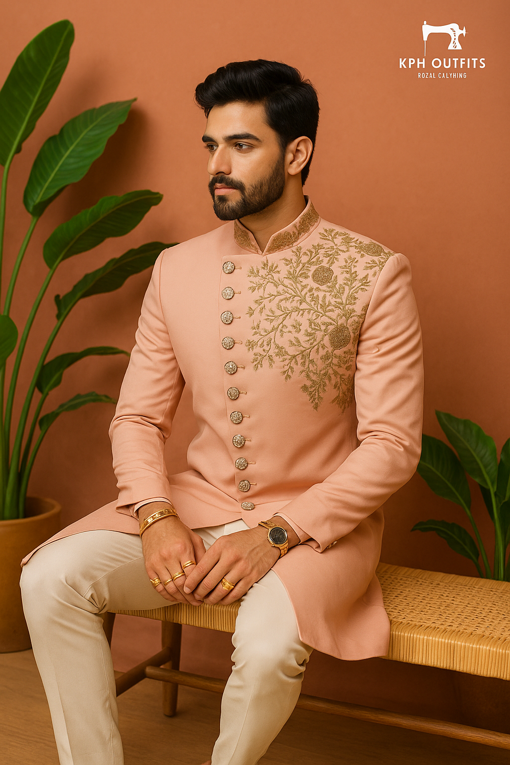 Men's Peach Handcrafted Zardozi Work Sherwani Set – Elegant Tweed 2-Piece Ensemble – KPH Outfits