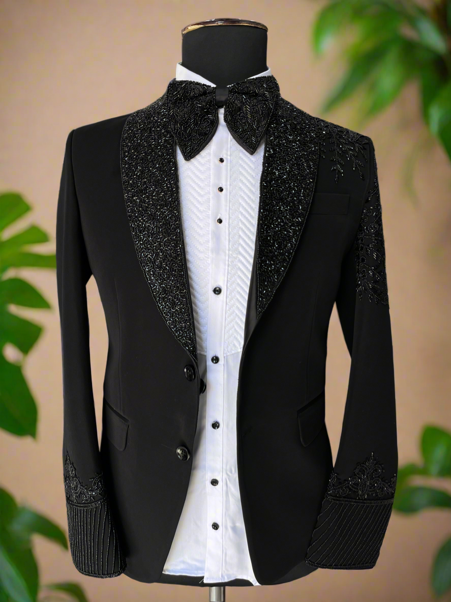 Men's Black Handcrafted Tuxedo Suit with Cut Work Detailing By KPH Outfits