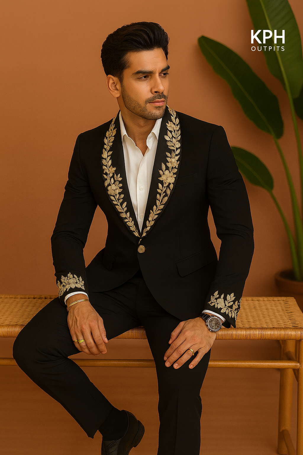 Men's Black Handcrafted Zardozi Work Shawl Lapel Tuxedo Suit by KPH Outfits