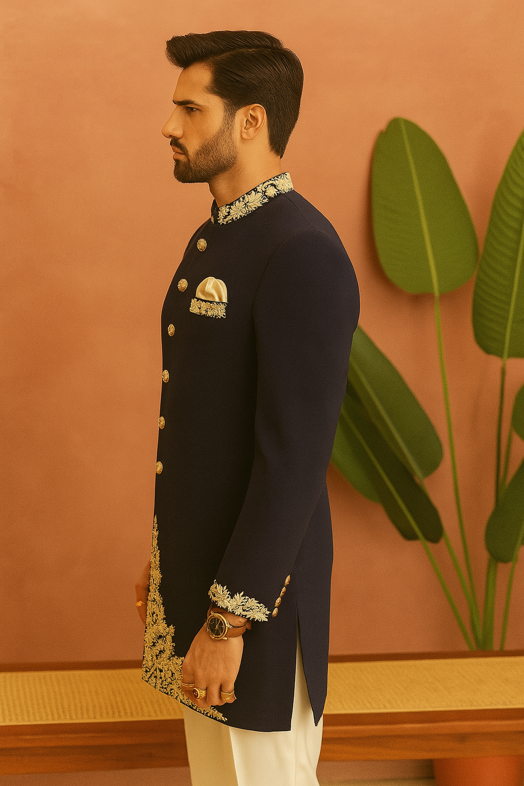 A photograph of a man in a stylish bundi set, highlighting the quality of the fabric and the unique design.

