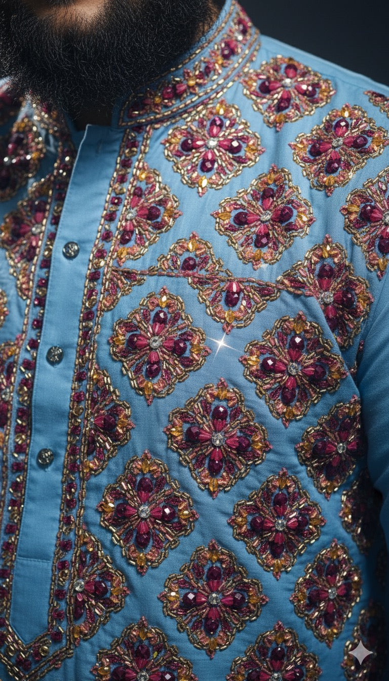 Sky Blue Multi-Color Handcrafted Embroidered Kurta Set