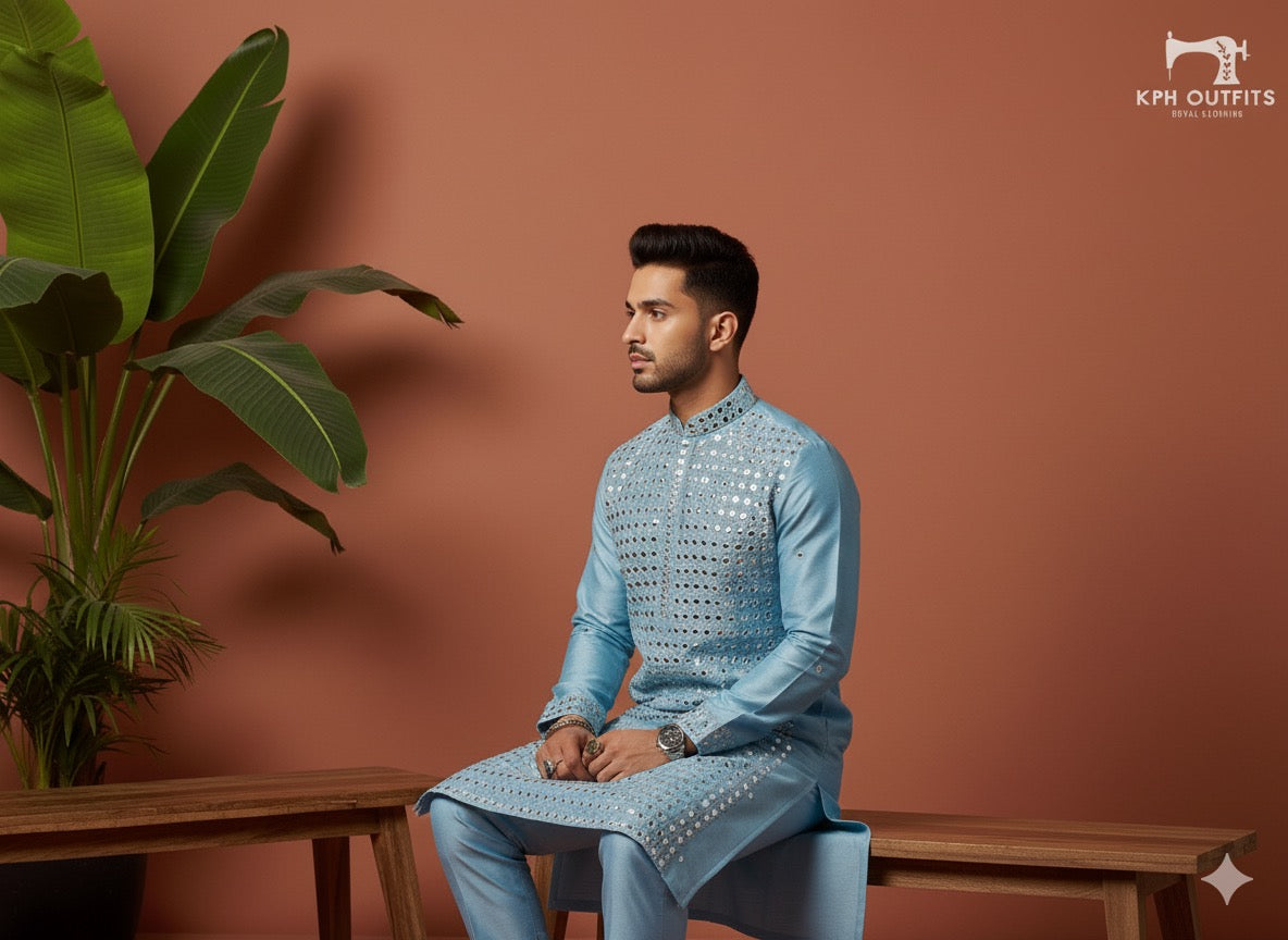 sky Blue fake mirror kurta set festive season Special