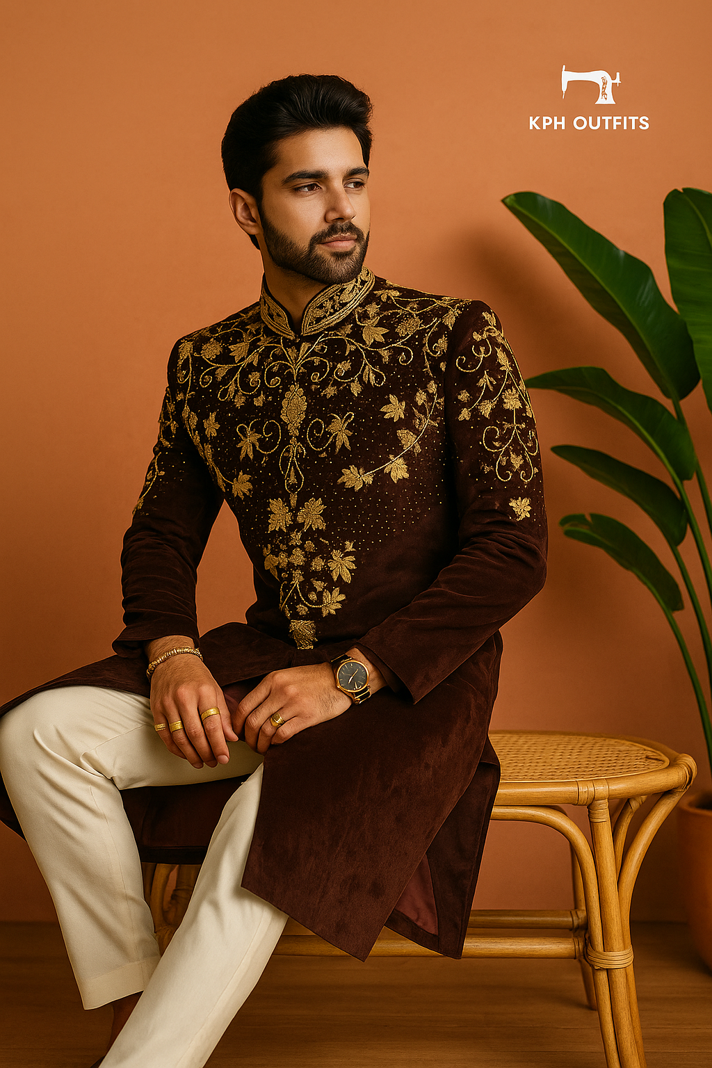 Men's Black Velvet Handcrafted Golden Work Sherwani Set – Premium Wedding & Engagement Outfit – KPH Outfits