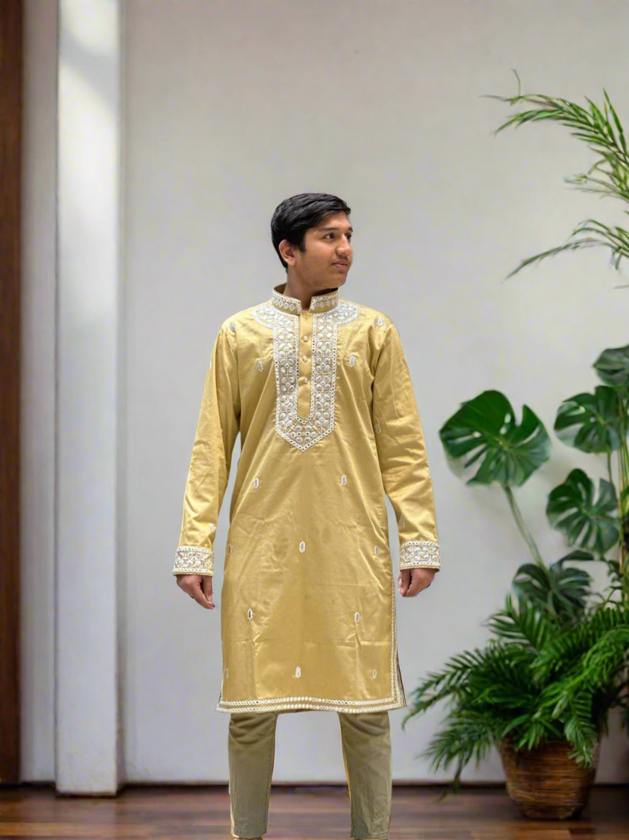 Men's cotton silk embroidered kurta with matching pants.