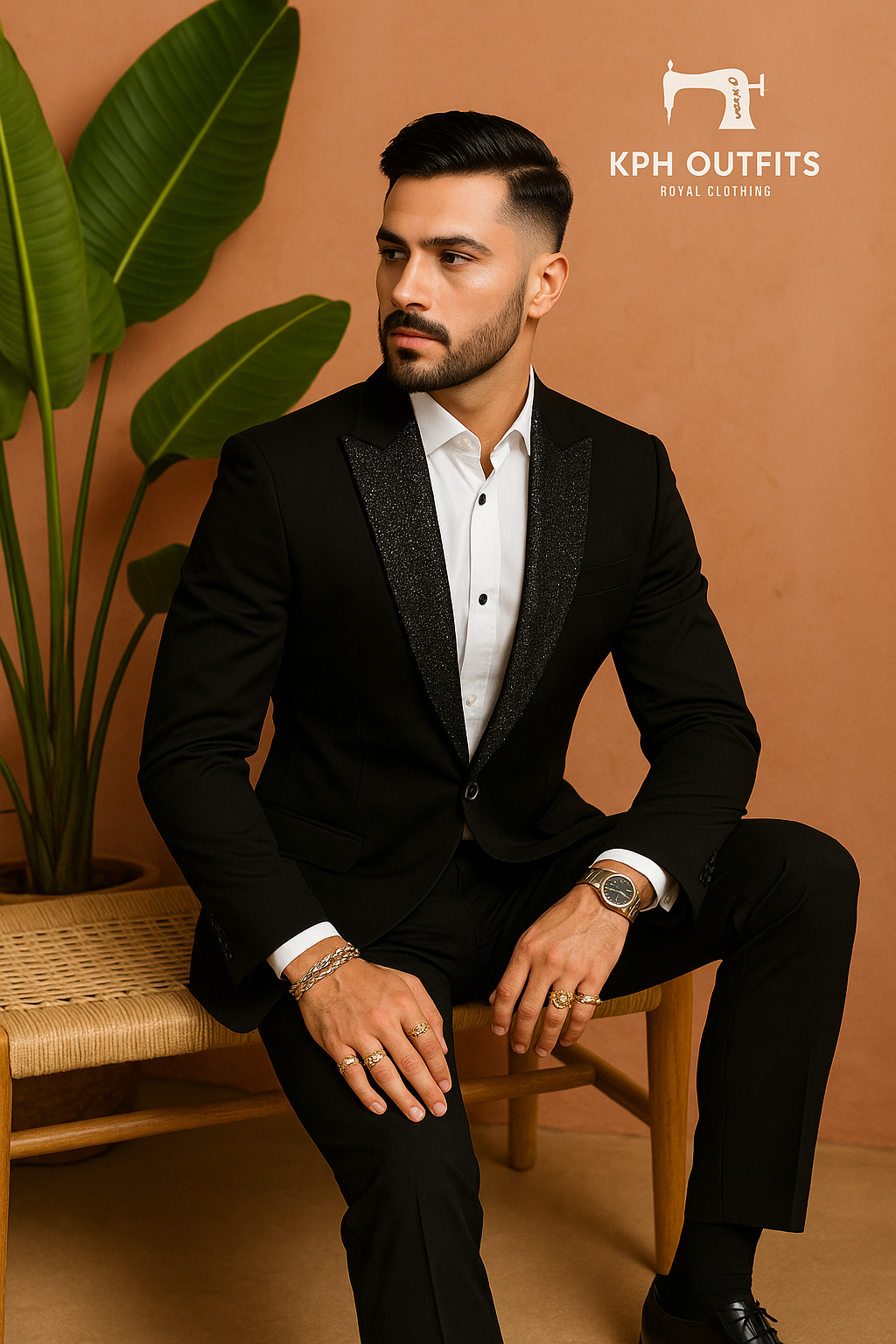 Men's Handcrafted Black Peak Lapel Tuxedo in Japanese Fabric- KPH Outfits