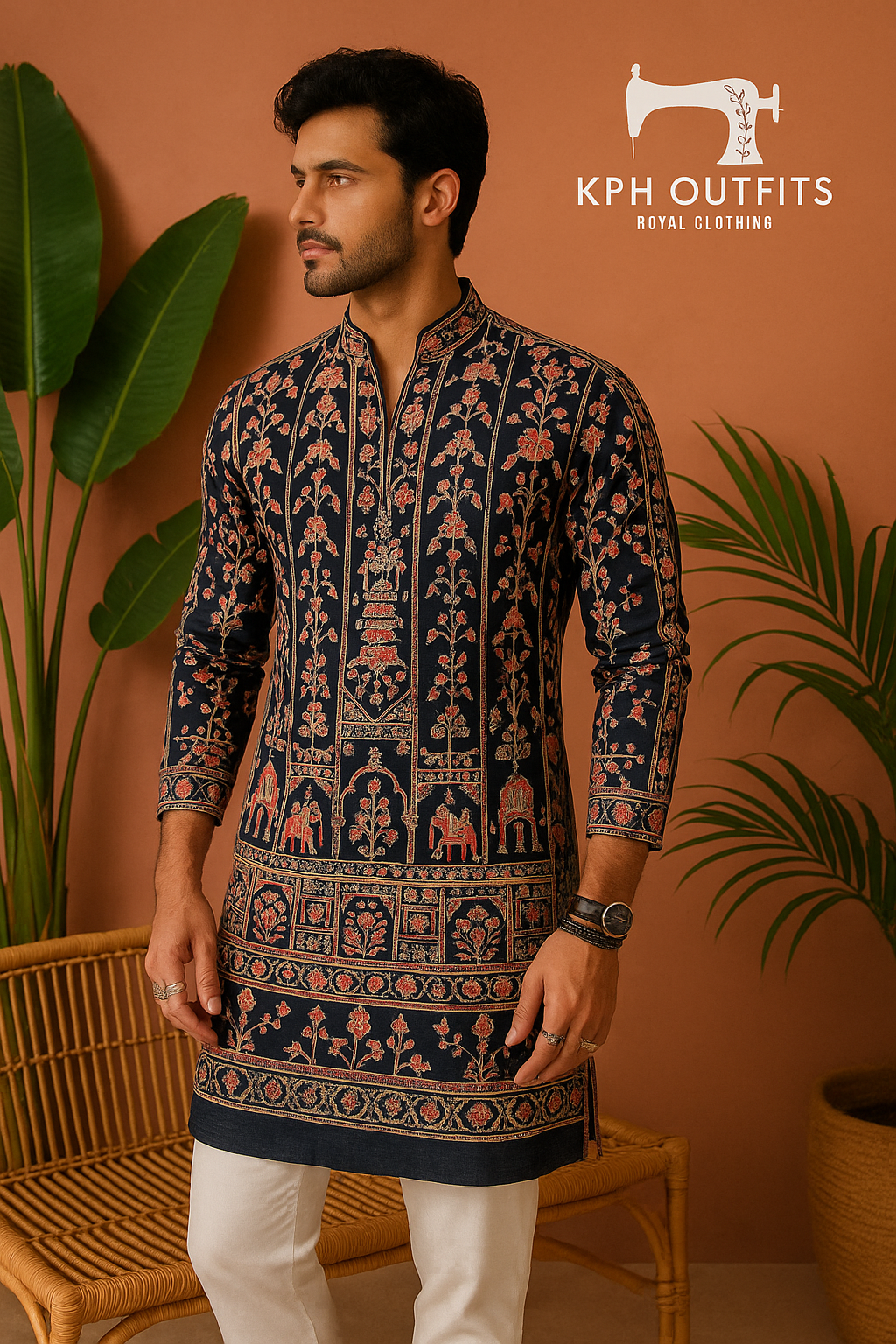 A photograph of a man in a stylish kurta, highlighting the quality of the fabric and the unique design.

