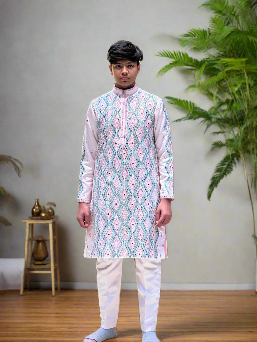 Front view of Men's Pink Real Mirror Crafted Kurta Set - KPH Outfits