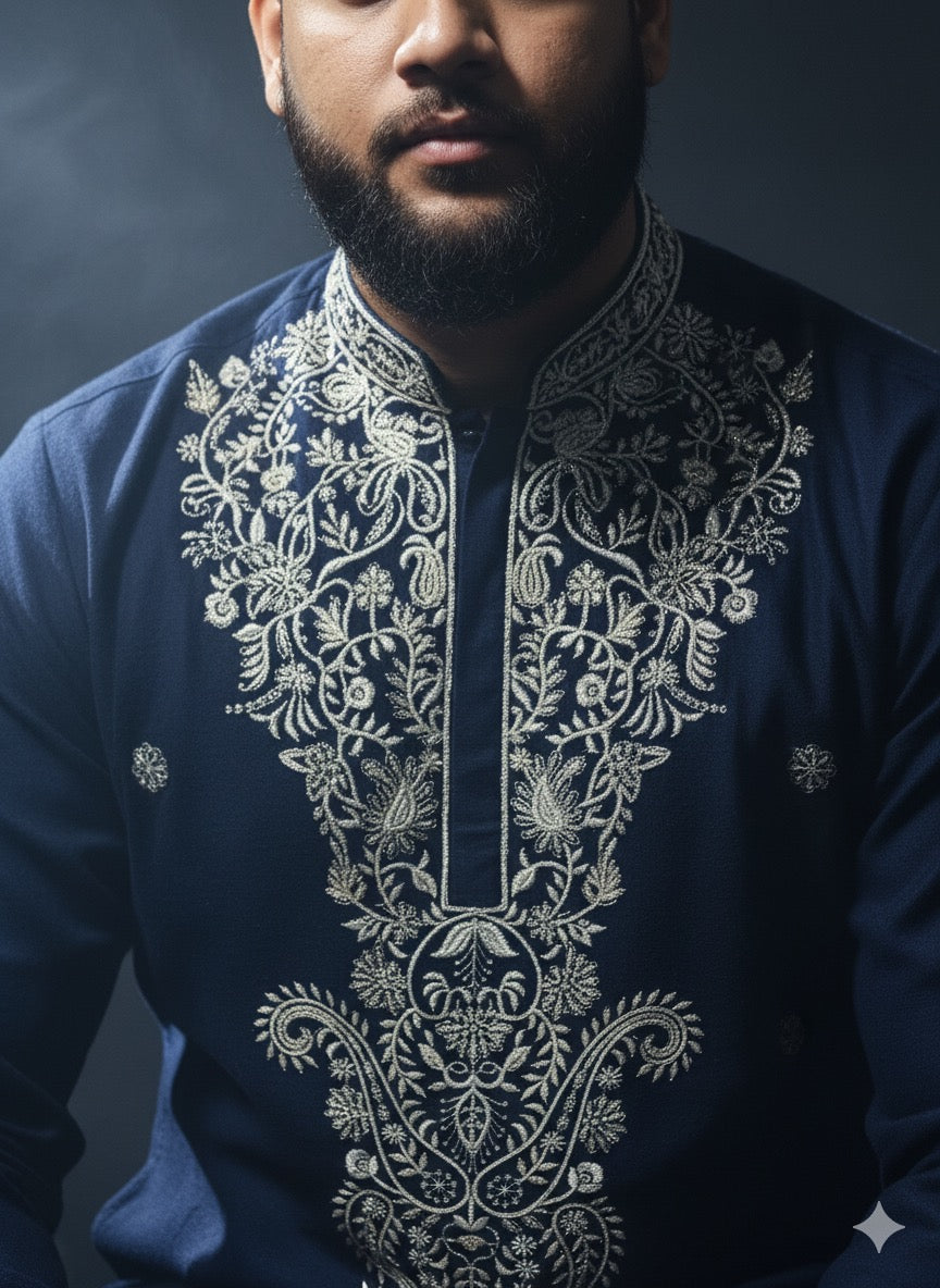 Men's festive wear: Navy blue Art Silk kurta with intricate embroidery.