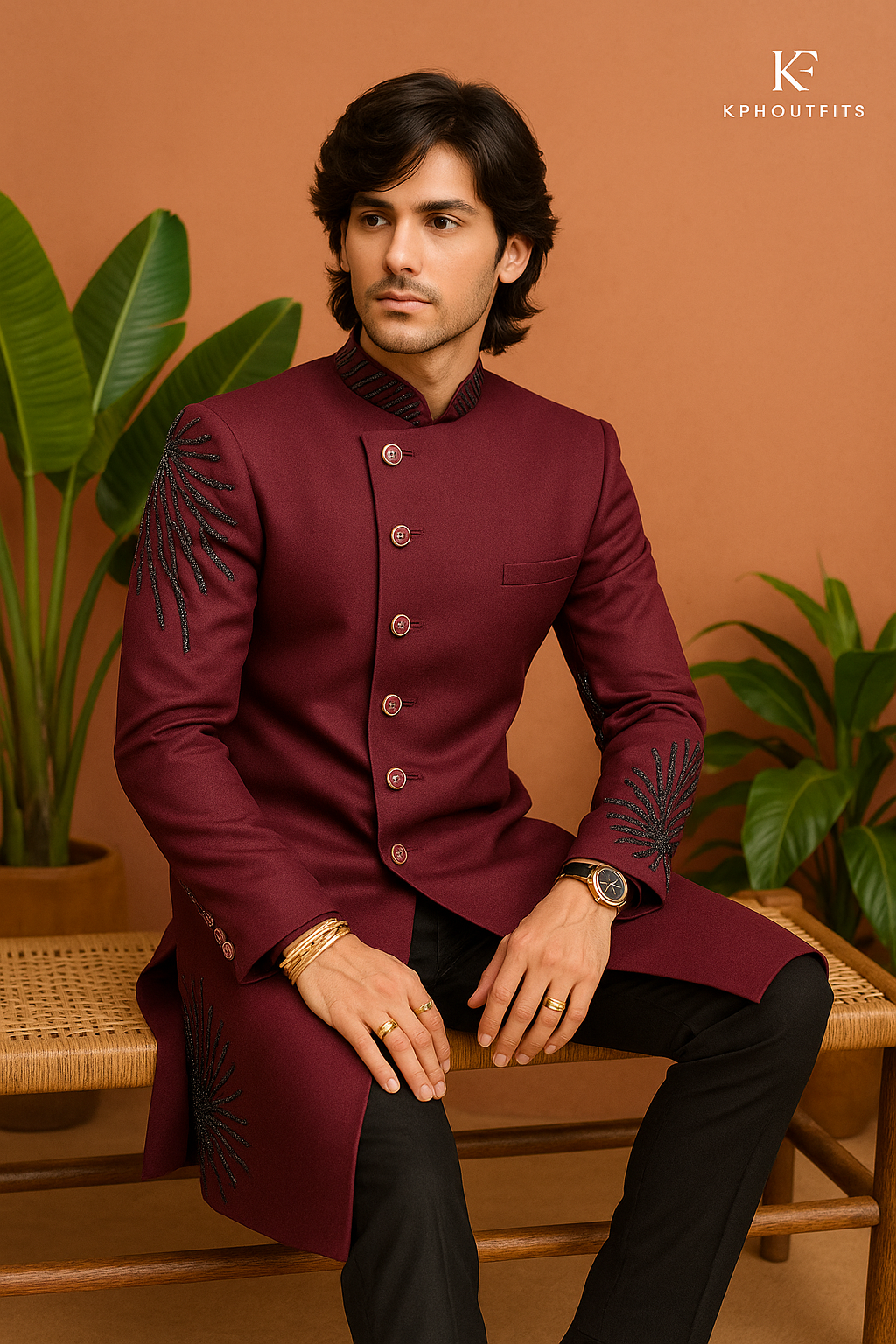 Men's Exclusive Maroon Stylish Two-Layer Handcrafted Indo-western Set - KPH Outfits