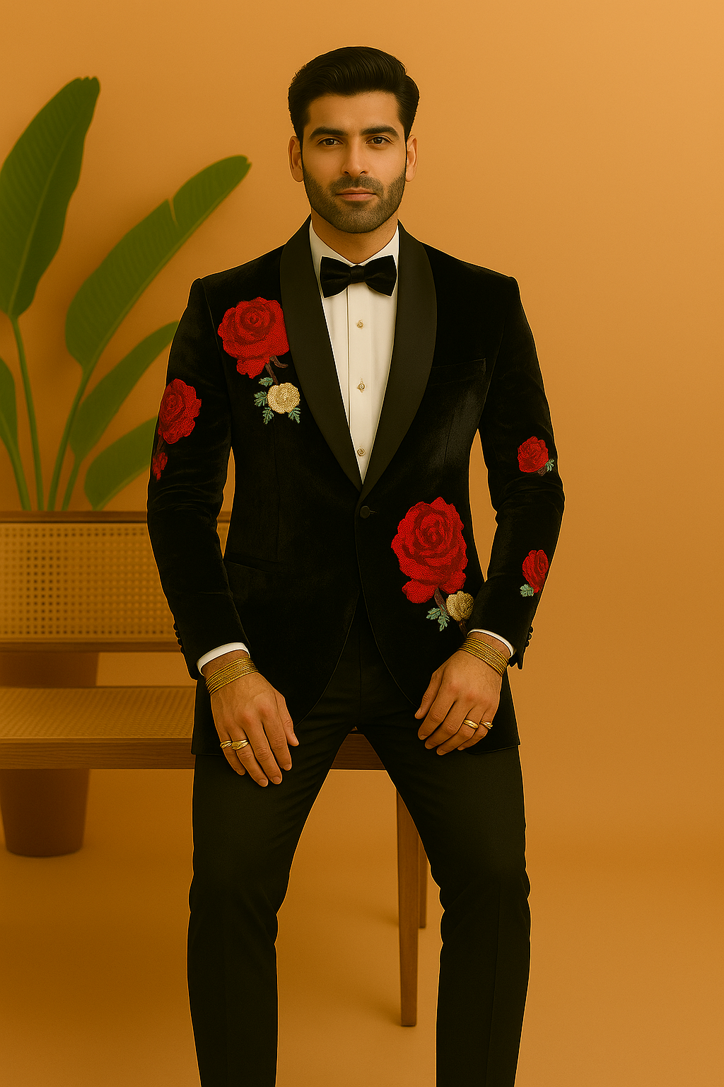 A photograph of a man in a stylish tuxedo, highlighting the quality of the velvet and the unique handcrafting.

