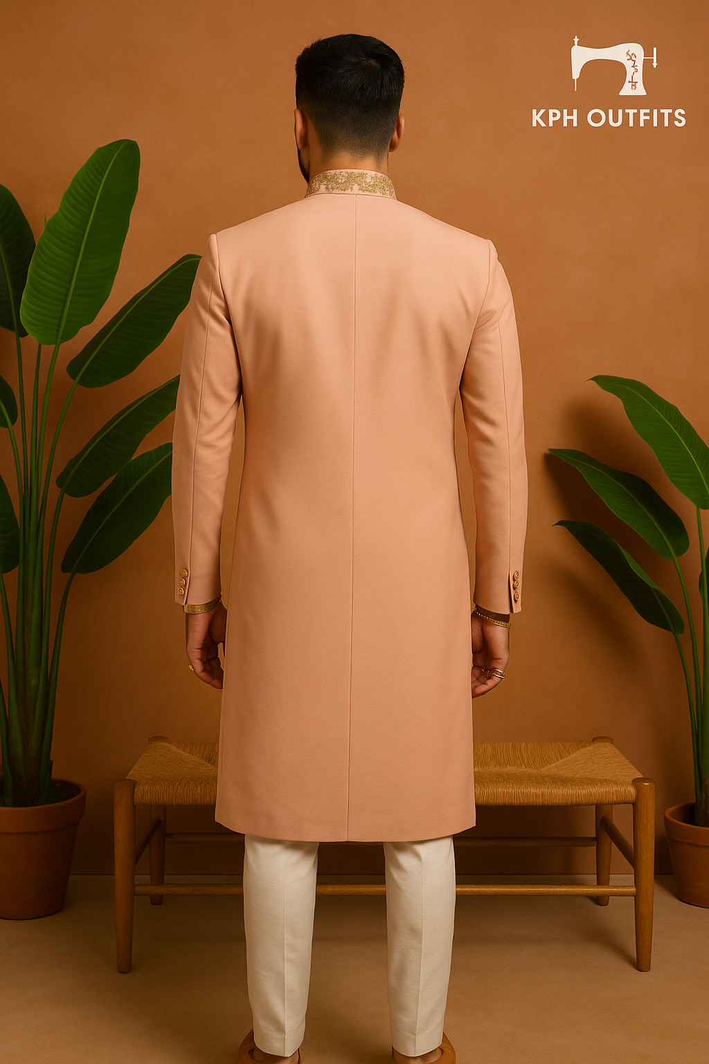 Men's Peach Handcrafted Zardozi Work Sherwani Set – Elegant Tweed 2-Piece Ensemble – KPH Outfits