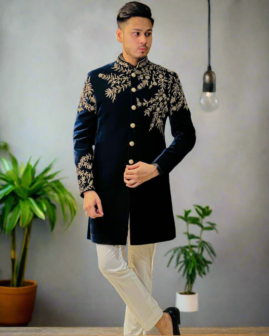 Men's Navy Blue Handcrafted Zardozi Work Indo-Western Set – KPH Outfits