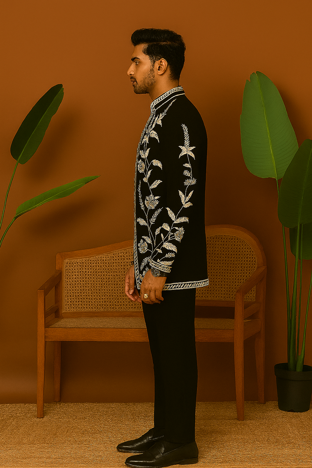A side view of the man in the bandhgala suit, showcasing the fit and cut of the outfit.


