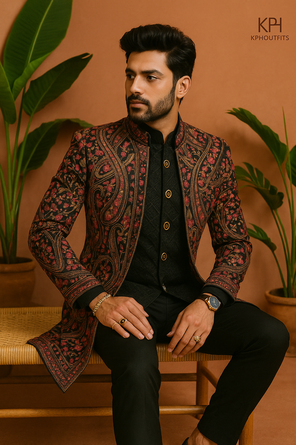 Men's Exclusive Black Kalamkari Embroidered Indo-Western Set- KPH Outfits