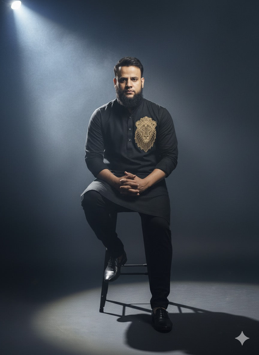 Black Embroidered Kurta Set with Golden Lion Motif - kph Outfits