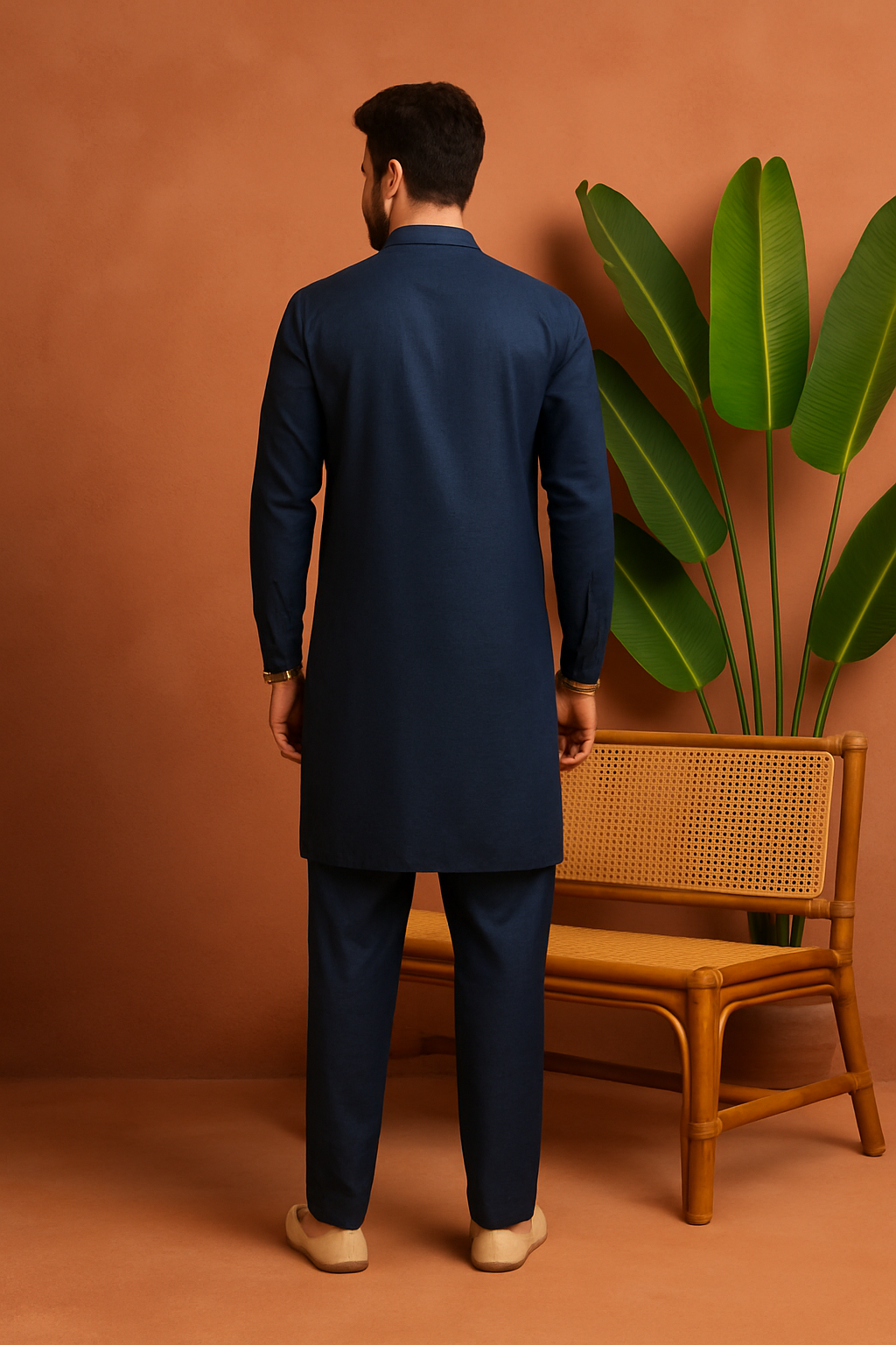 A side view of the man in the kurta set, highlighting the details of the waistcoat's design.



