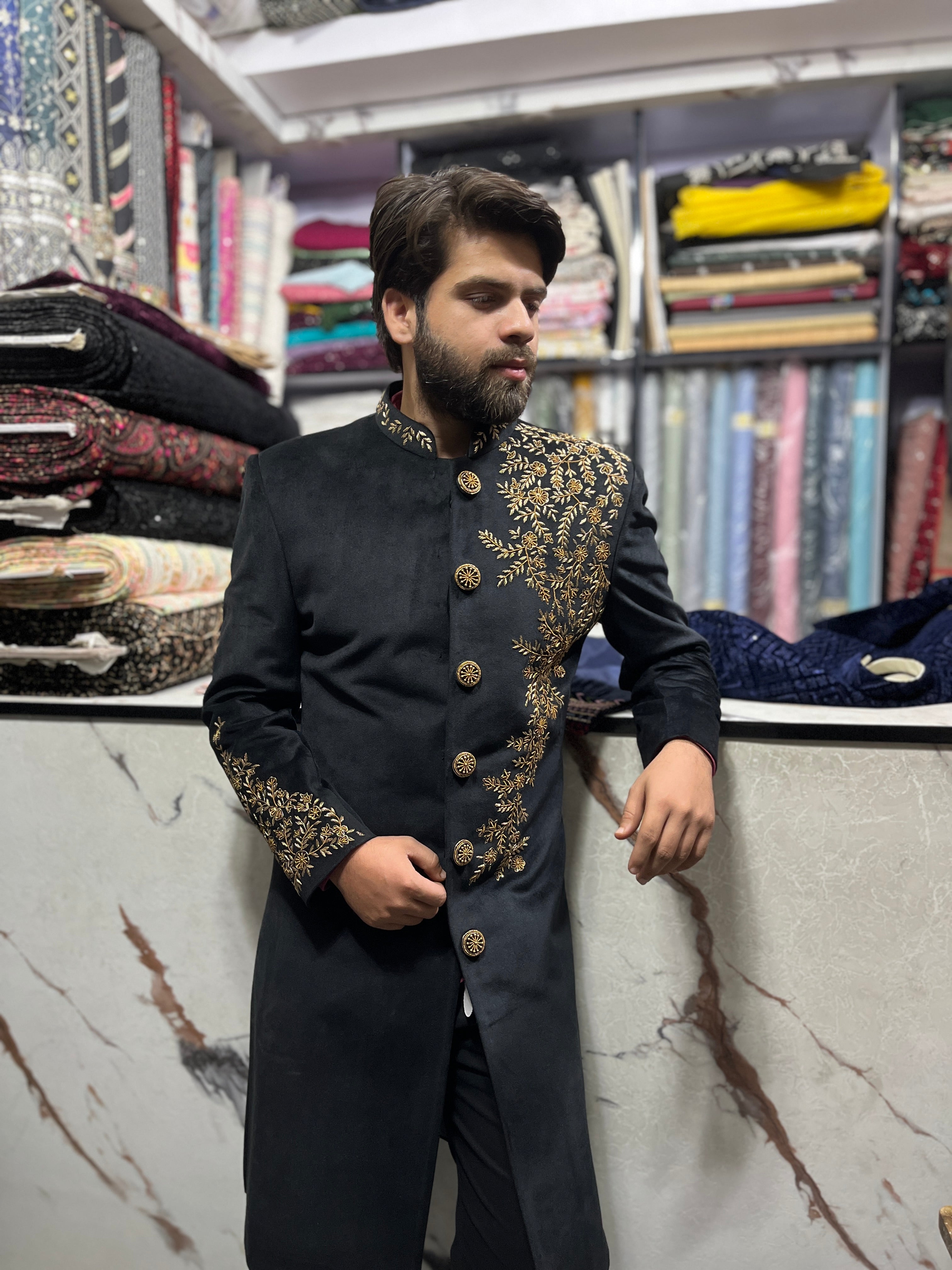 Men's Black Handcrafted Zardozi Work Sherwani Set