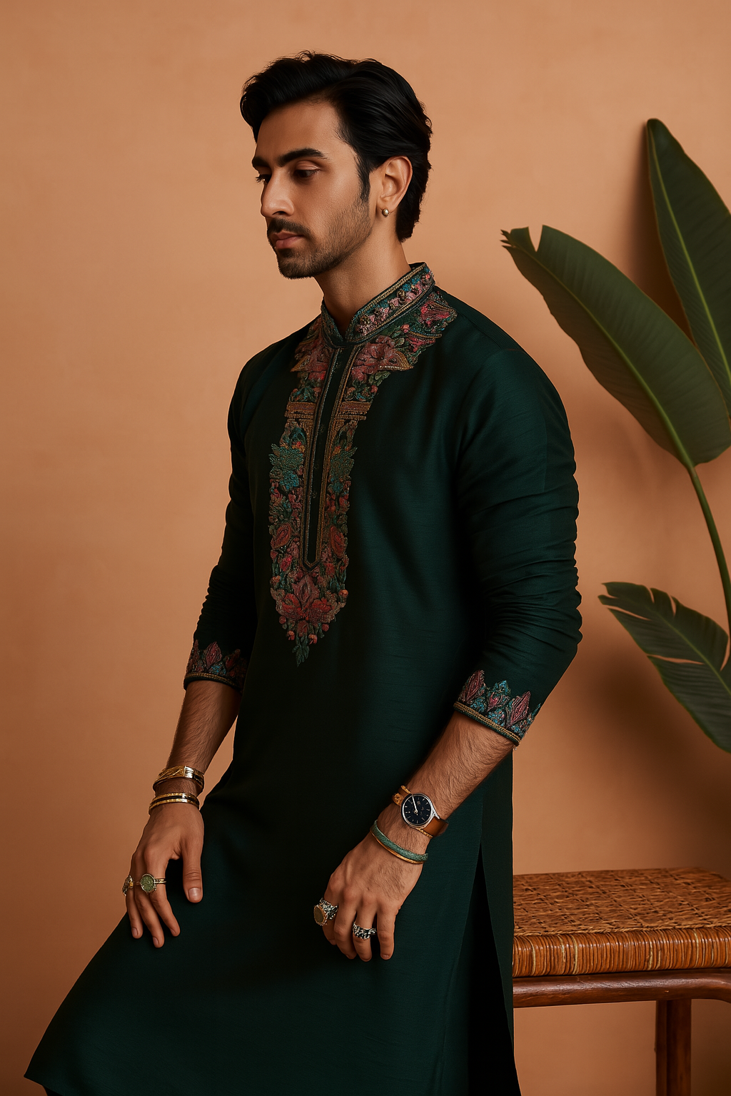 Designer groom kurta with embroidered neckline – KPH Outfits