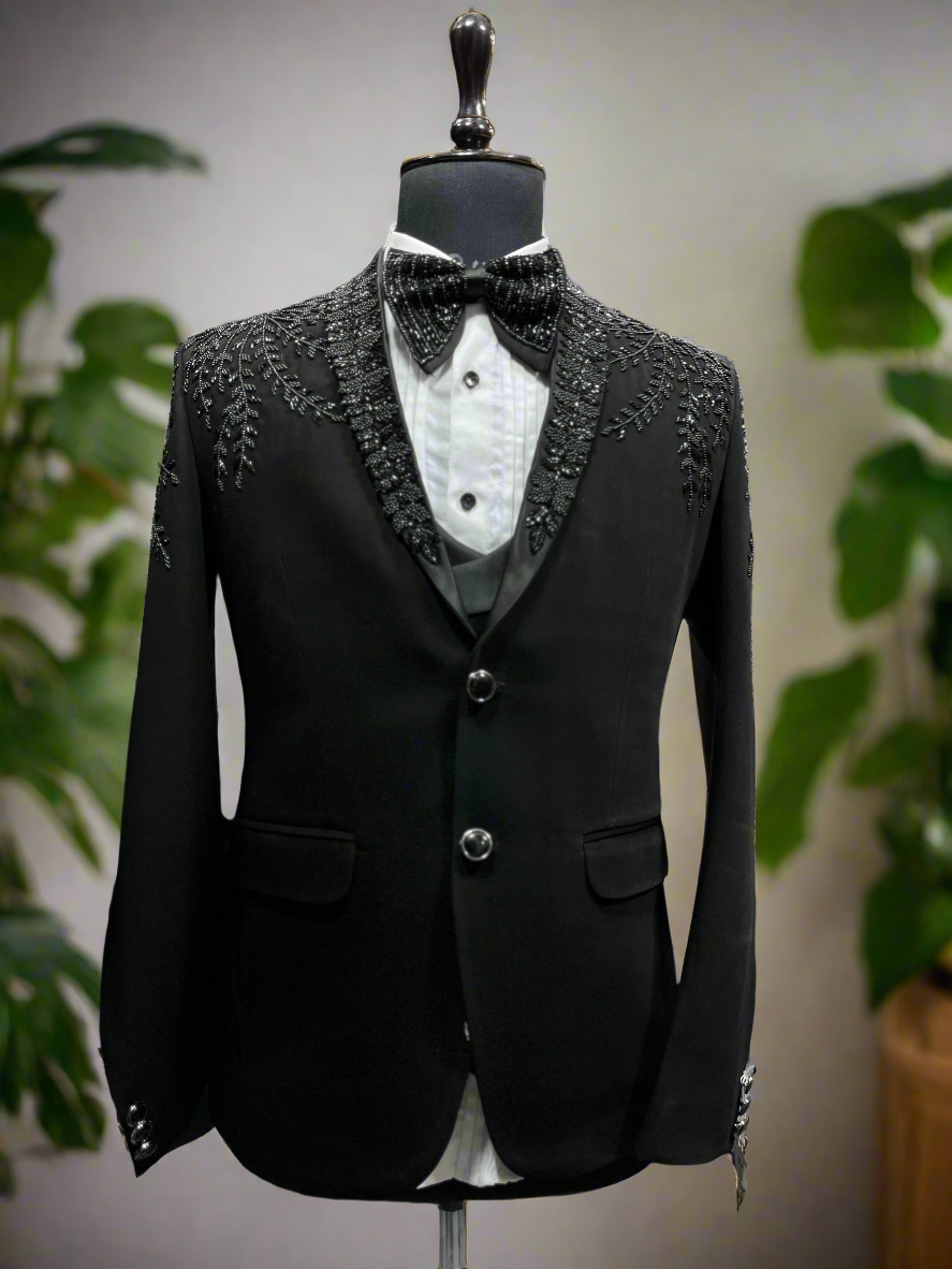 Handcrafted black shawl lapel tuxedo suit for men with cut dana work"