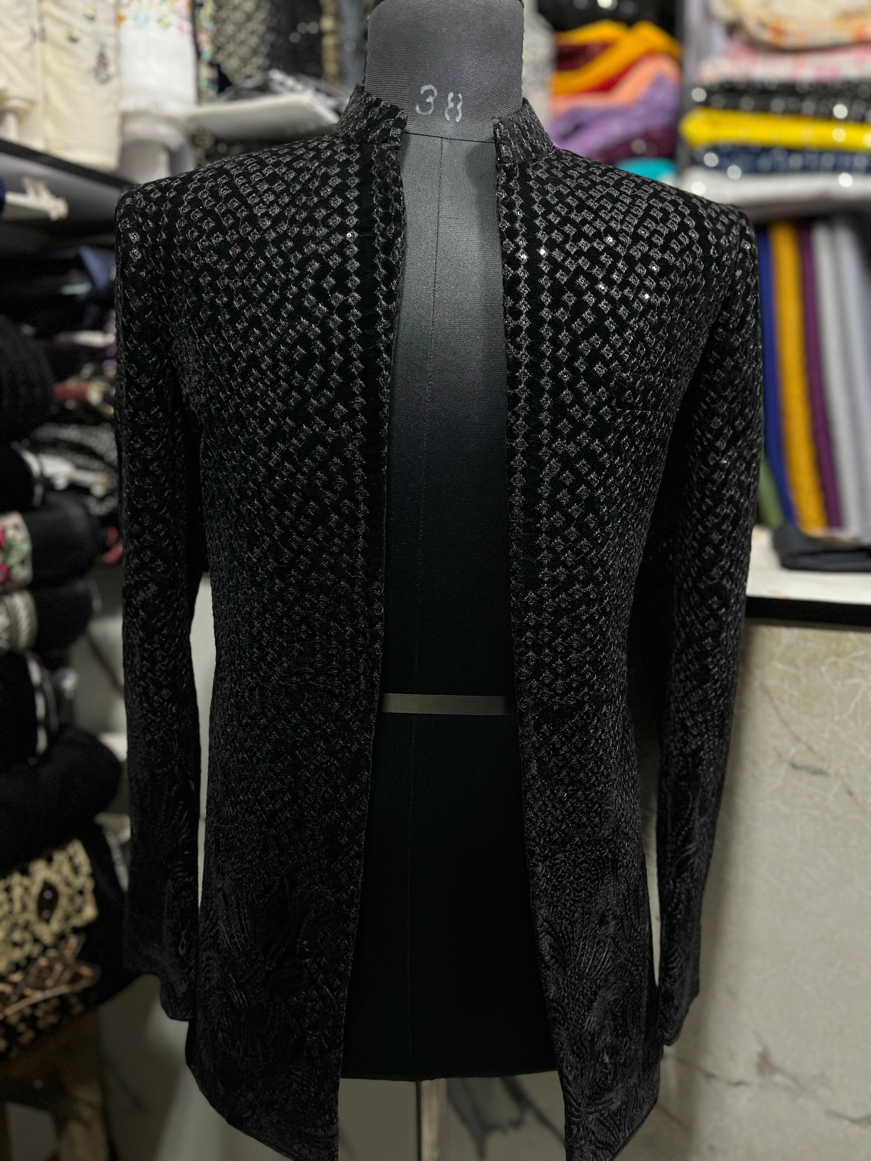 Men's Black Velvet Embroidery open Shrug