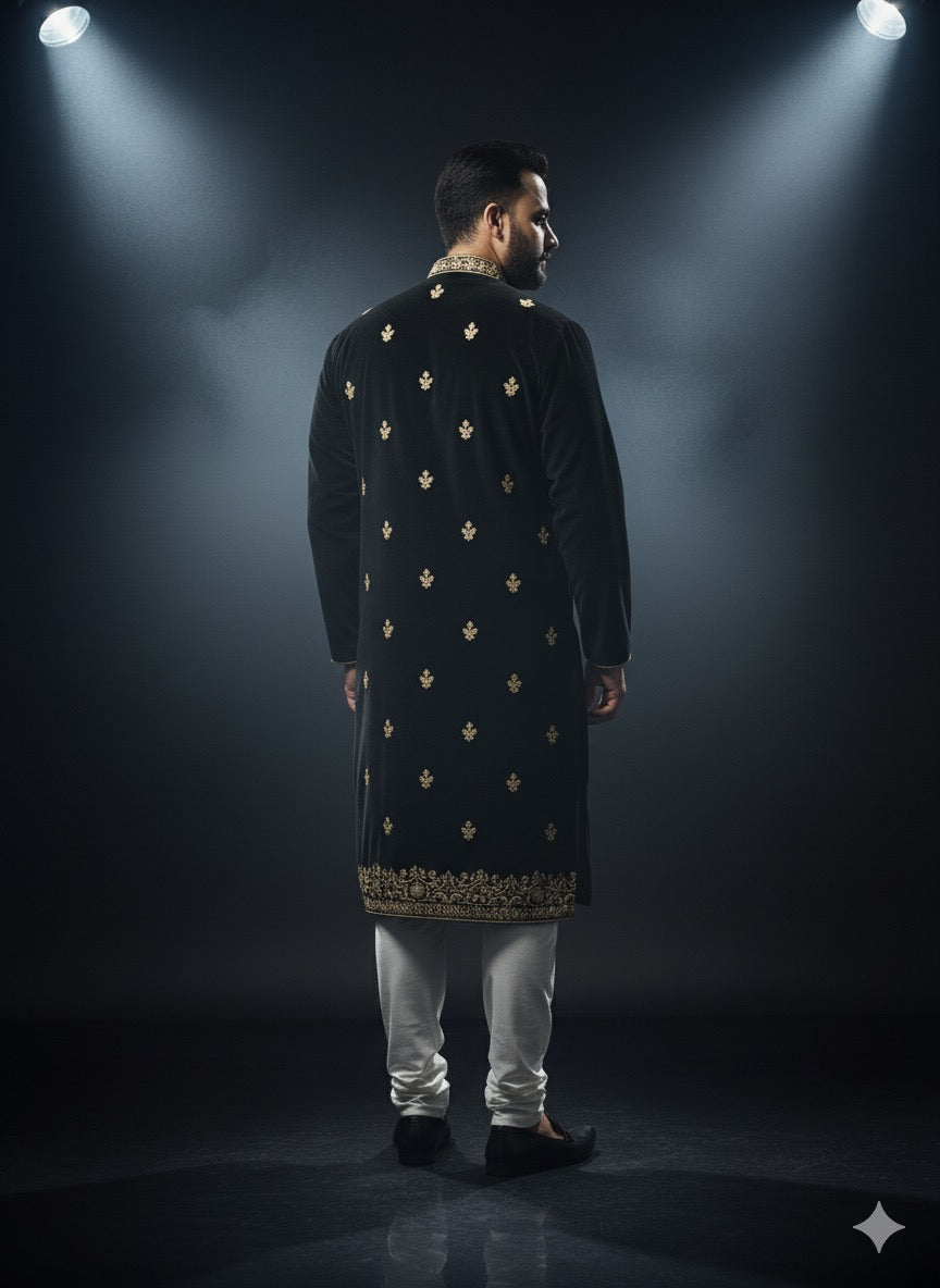 Stylish black velvet kurta with white churidar for a striking contrast