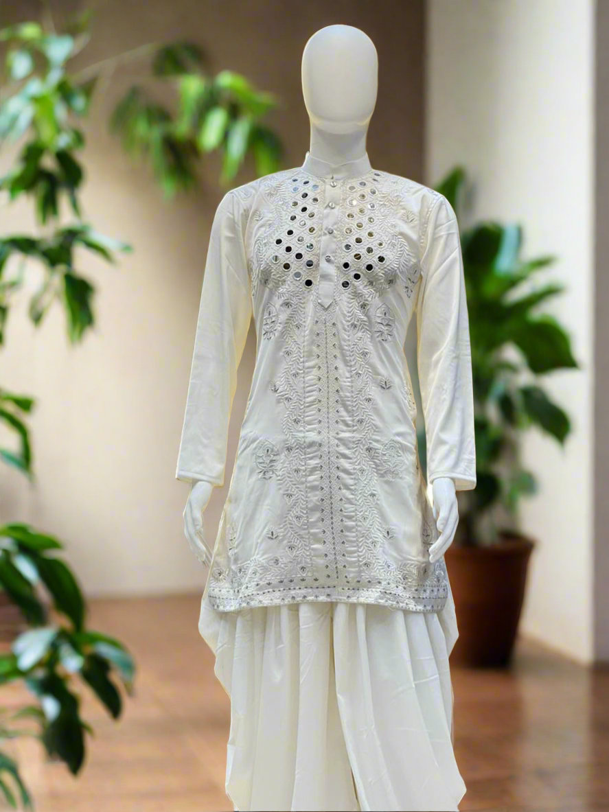 "Men's White kurta set with real mirror work - KPH Outfits"