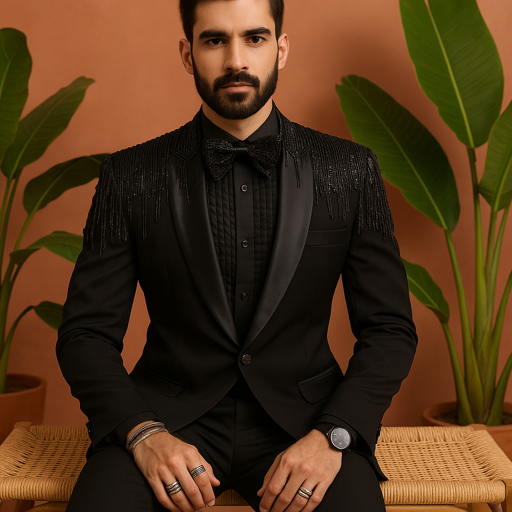 A photograph of a man in a stylish tuxedo, emphasizing the quality of the Japanese fabric and the overall craftsmanship.

