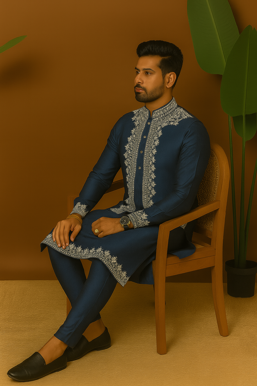 A man sitting in the waistcoat set, showcasing the comfort and fit of the outfit.

