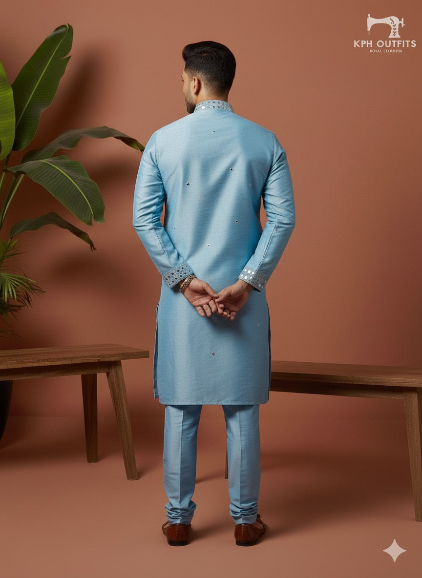Back Side Full View of sky Blue fake mirror kurta