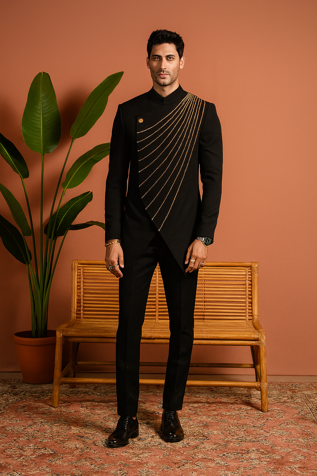 A photograph of a man in a stylish tuxedo, emphasizing the quality of the Japanese fabric and the unique design.
