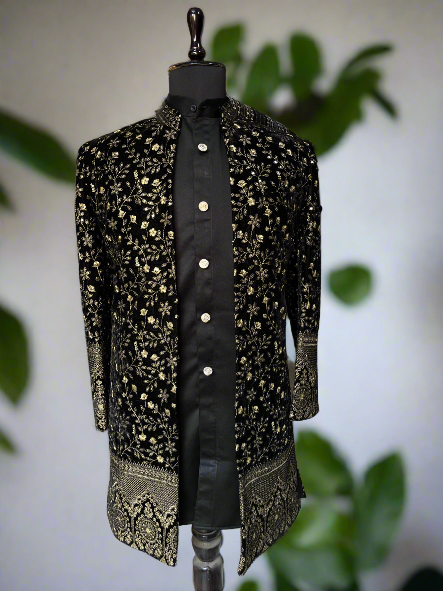 Men's Black Velvet Open Indo Western Set by KPH Outfits – Exquisite Designer Wear for Special Occasions
