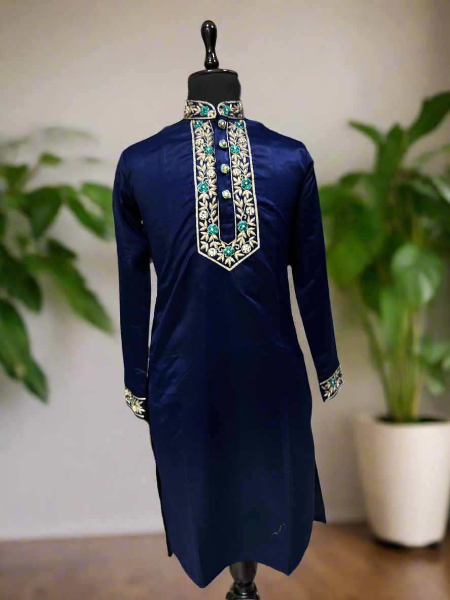 Navy blue satin kurta set 