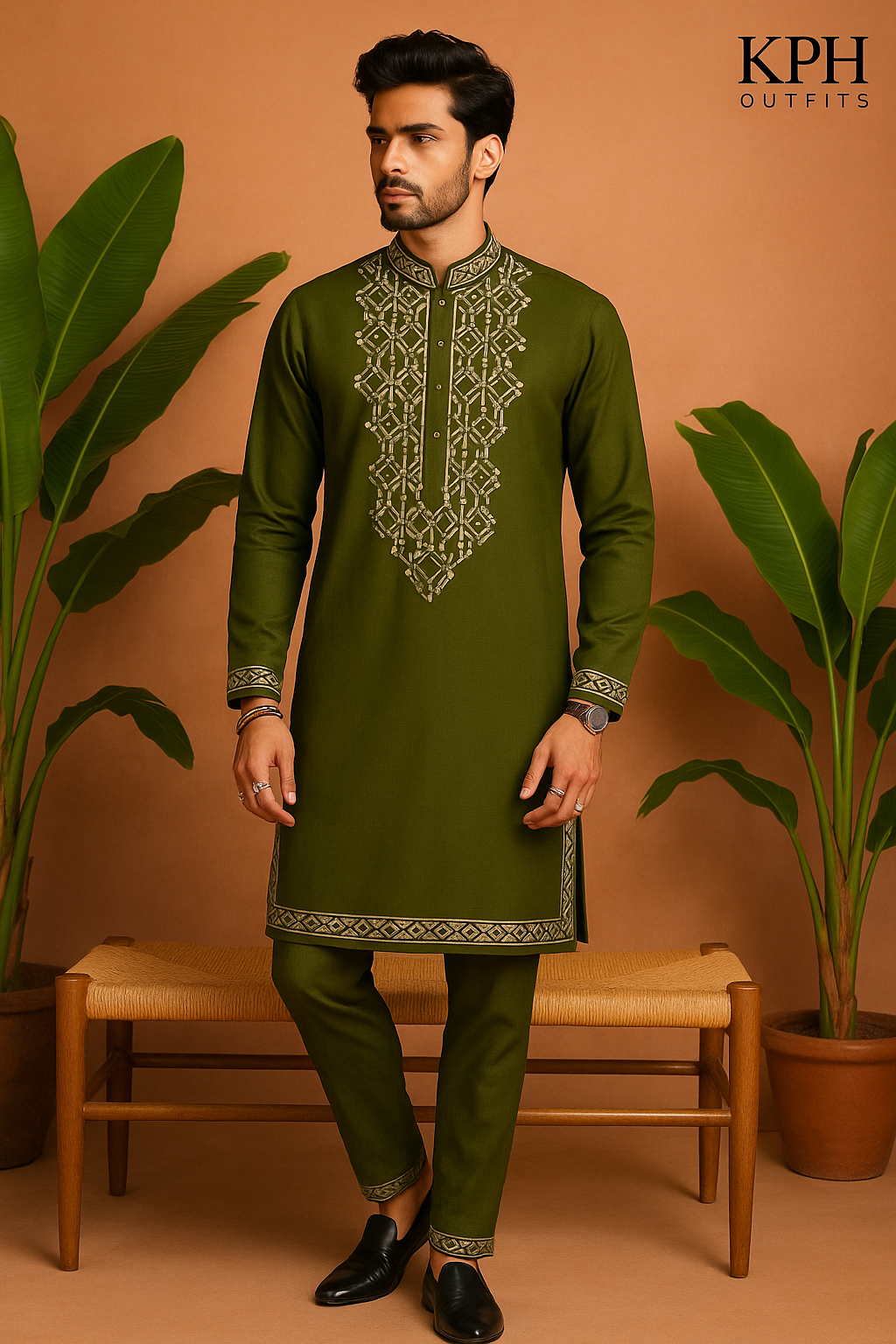 Men's Exclusive Mehndi Special Leather Embellished Kurta Set - KPH Outfits