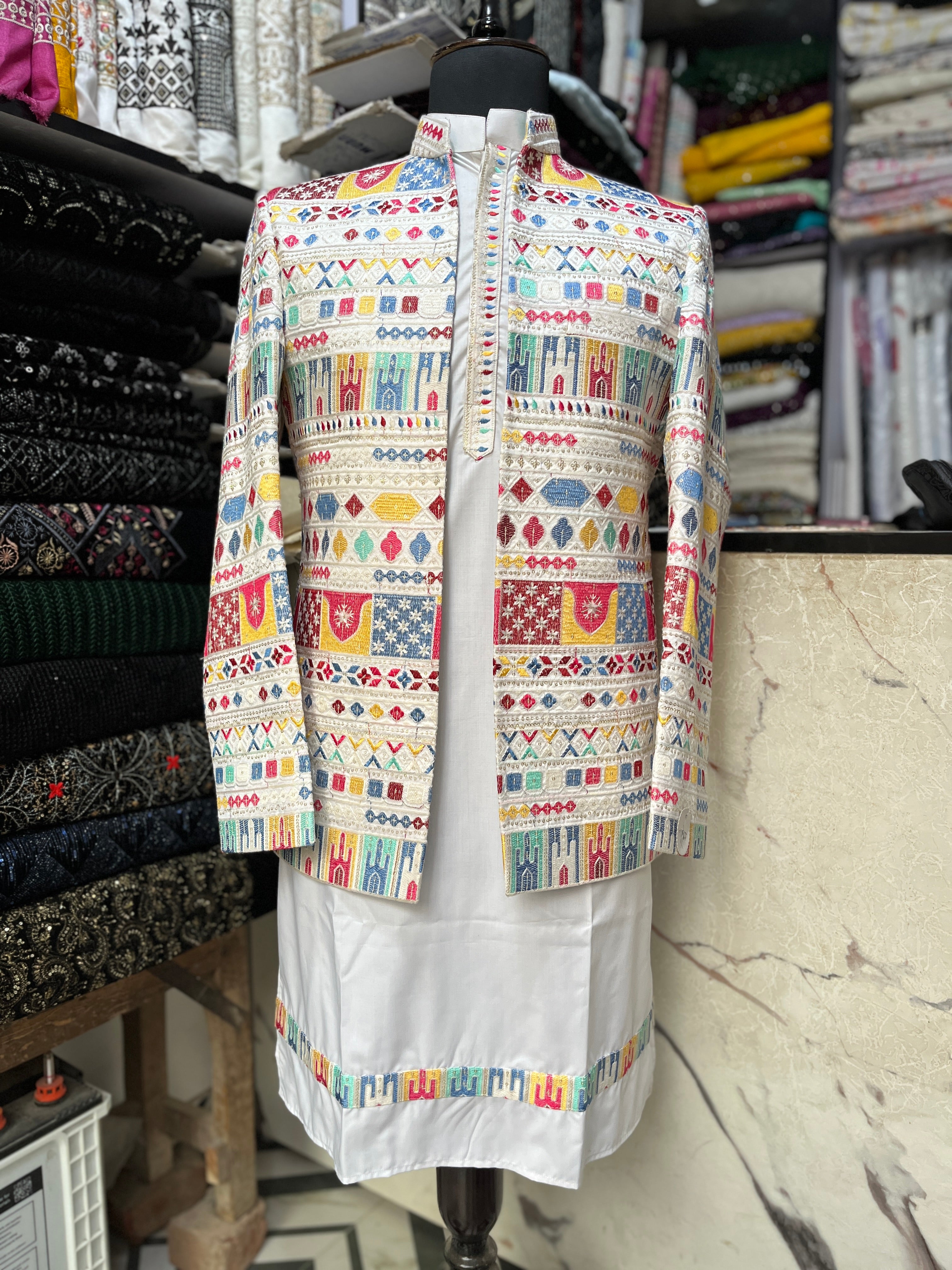 Men's white  Designer Multi Colour Embroidery Designer Jodhpuri Set