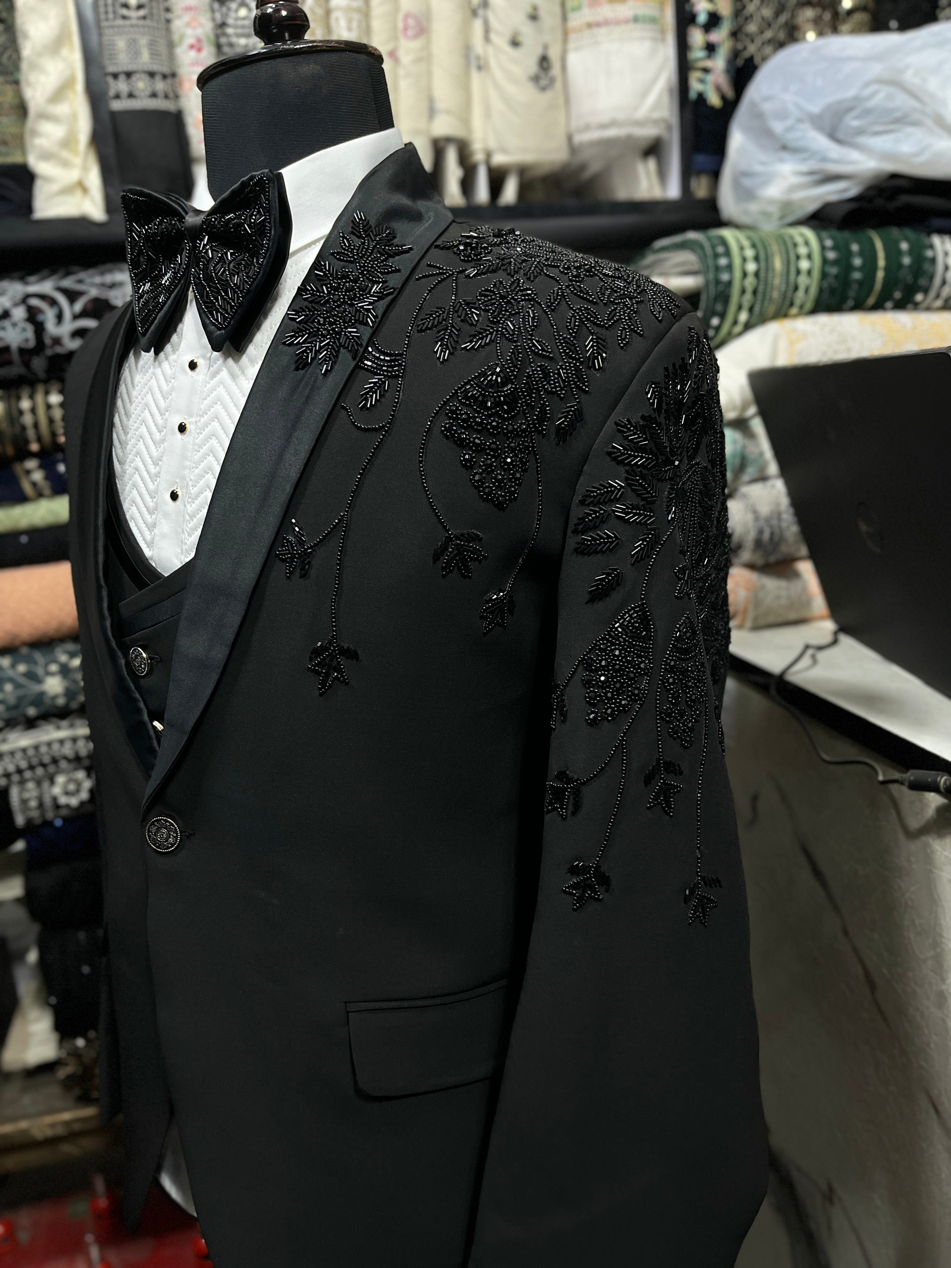 Men's Black Handcrafted Embellished Tuxedo Suit