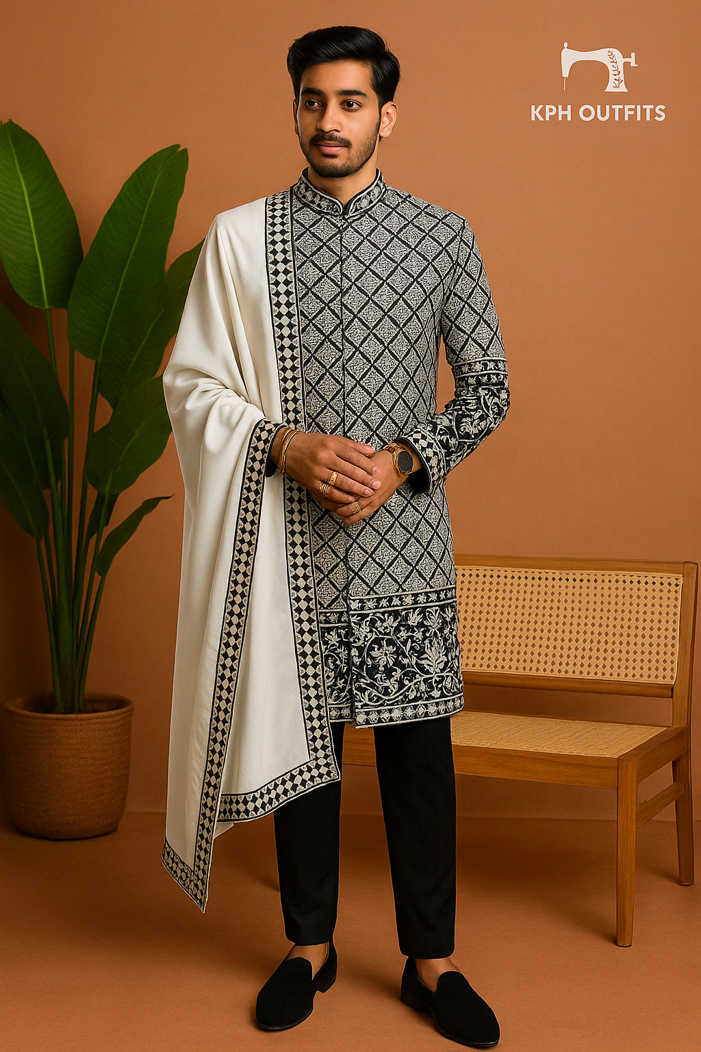 Men's Black SRK Style Velvet Sherwani with Shawl – 3-Piece Designer Outfit – KPH Outfits