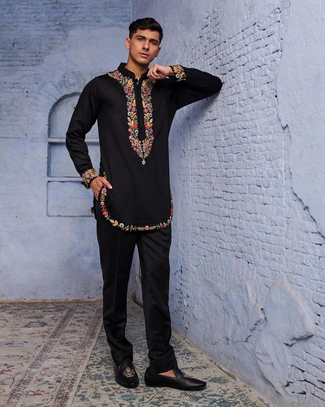 Men's Black Exclusive Multi Colour Embroidery Short Kurta Set