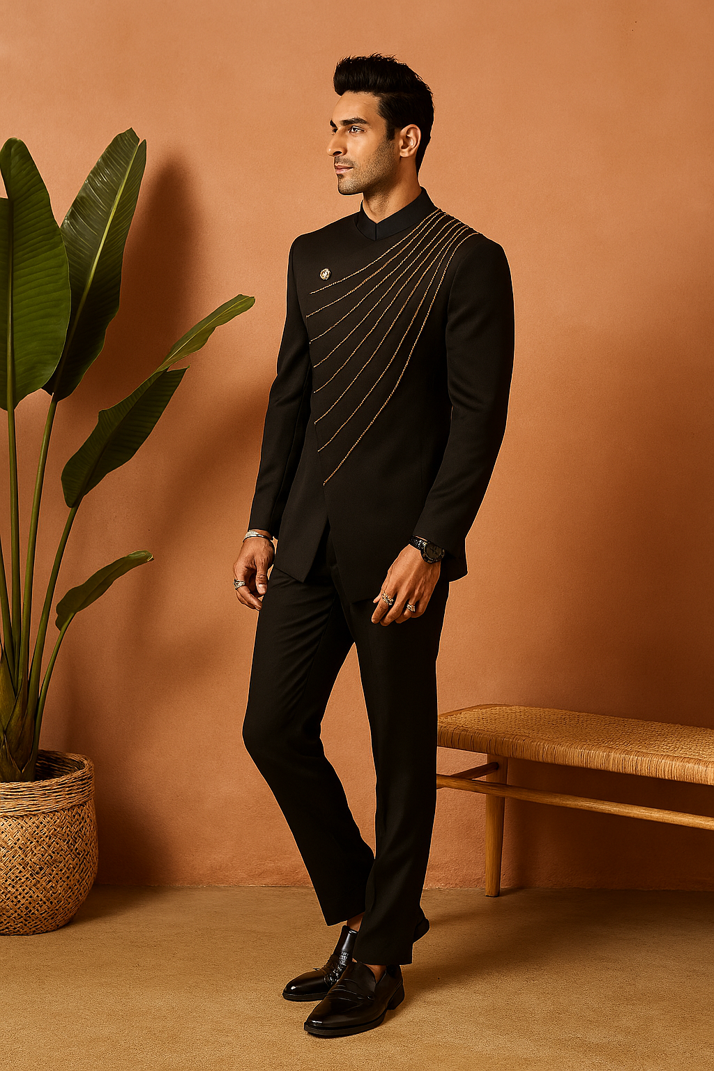 A photograph of a man in a stylish tuxedo, emphasizing the quality of the Japanese fabric and the unique design.

