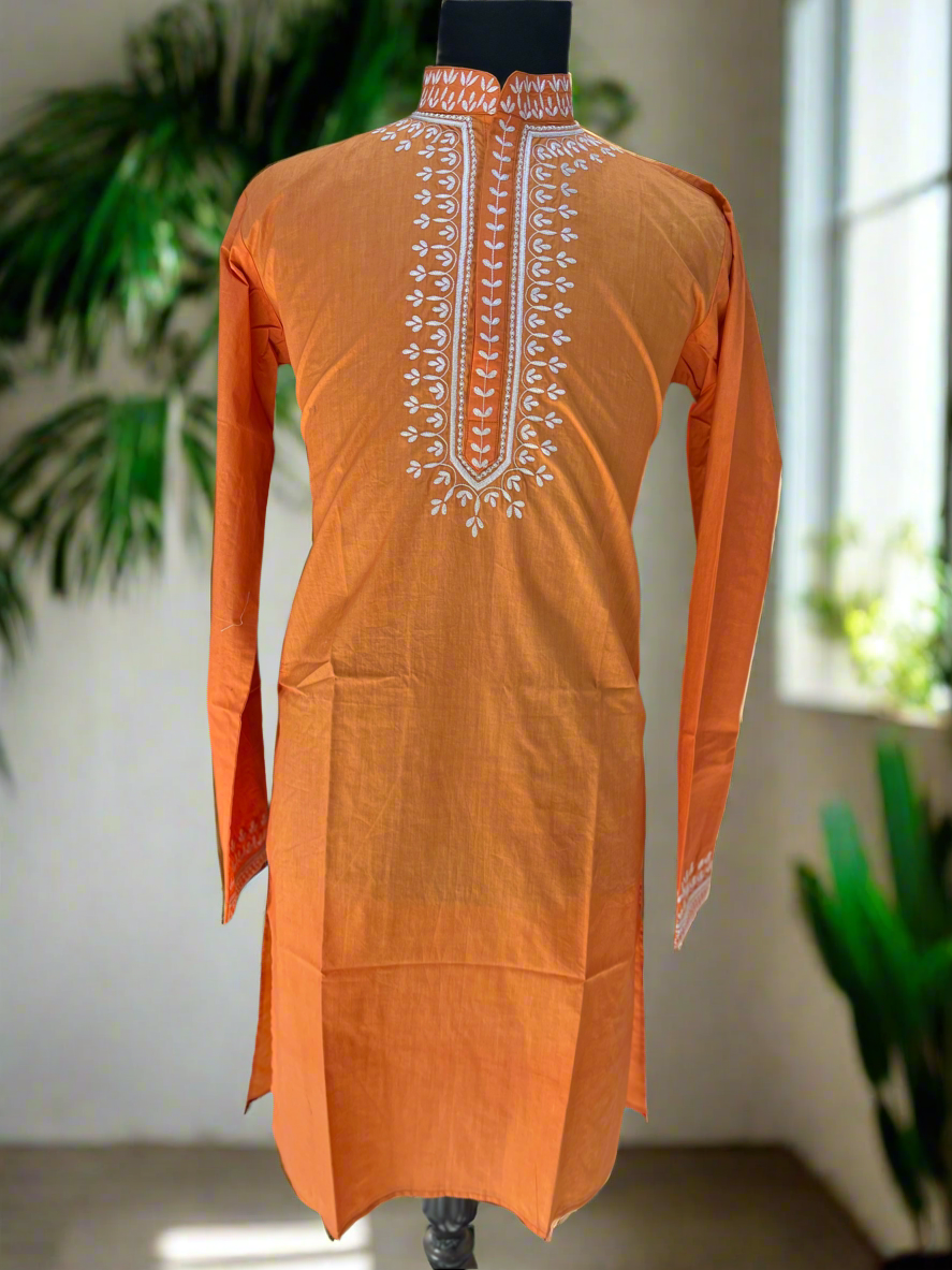 Elegant Men's Orange Cotton Kurta Set with Embroidered Neck Design