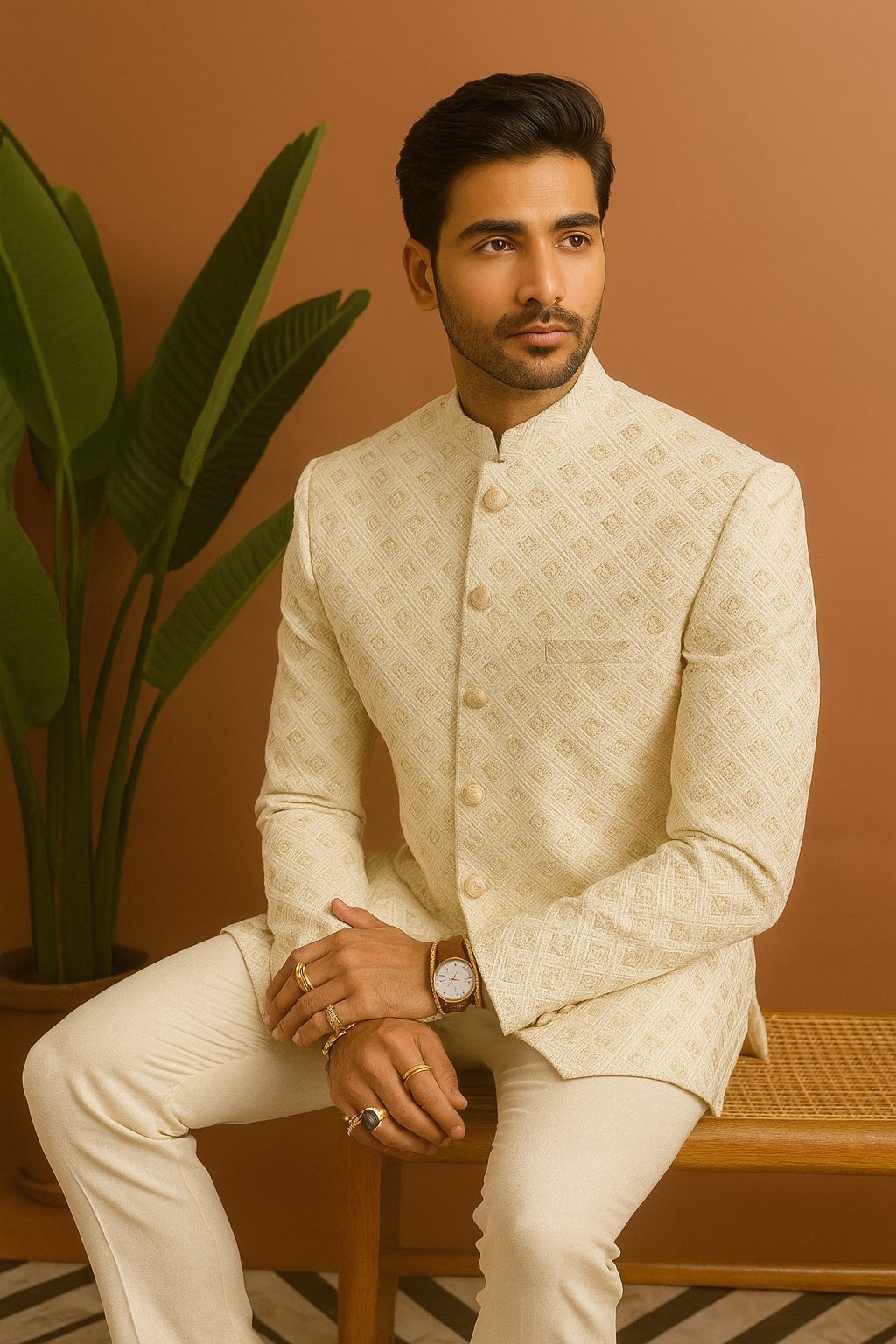 Men’s ivory Jodhpuri jacket and trouser set – KPH Outfits

