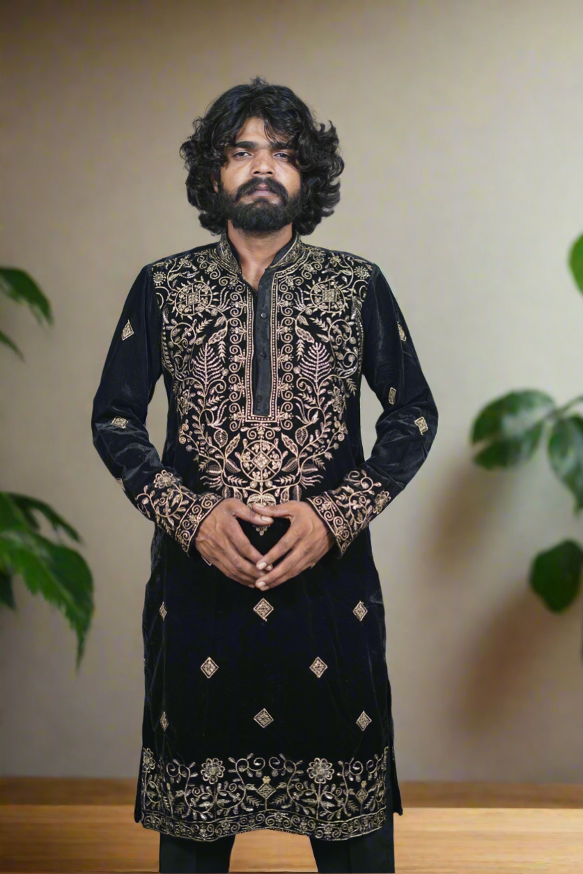 Black Kurta With Embroidery Men's Black Velvet Kurta Set With Golden Embroidery – KPH Outfits