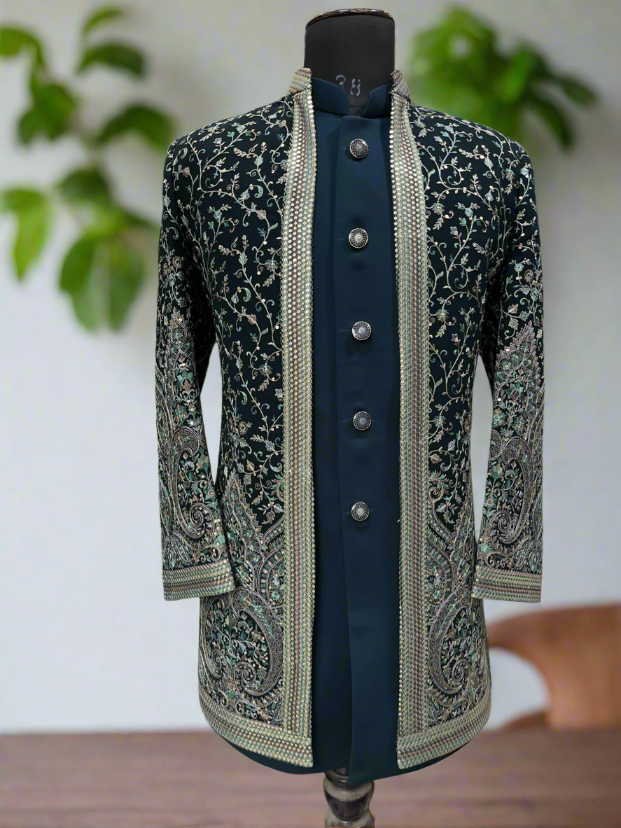 Teal Blue Kalamkari Embroidered Open Indo-Western Set for Men – KPH Outfits