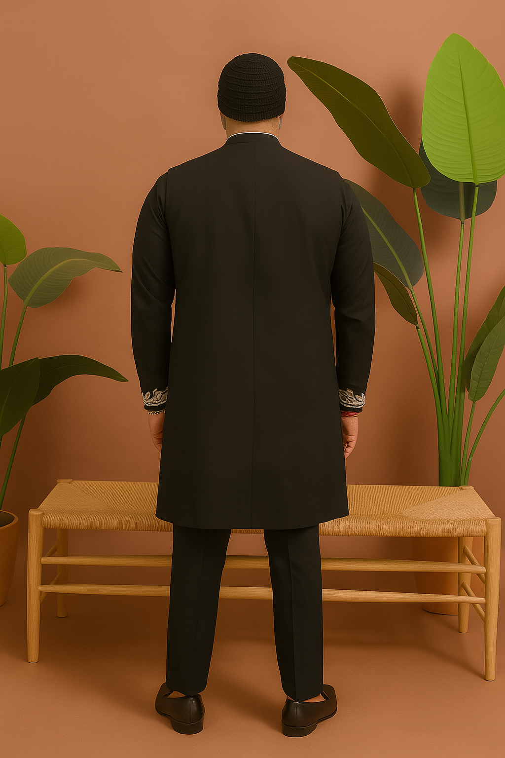 “Back view of designer embellished stylish waistcoat set showcasing tailored fit”
