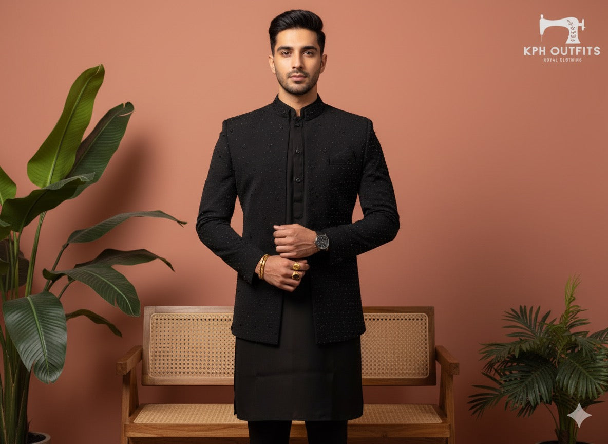 Black Armani open shrug set with subtle cut dana and bead embellishment.