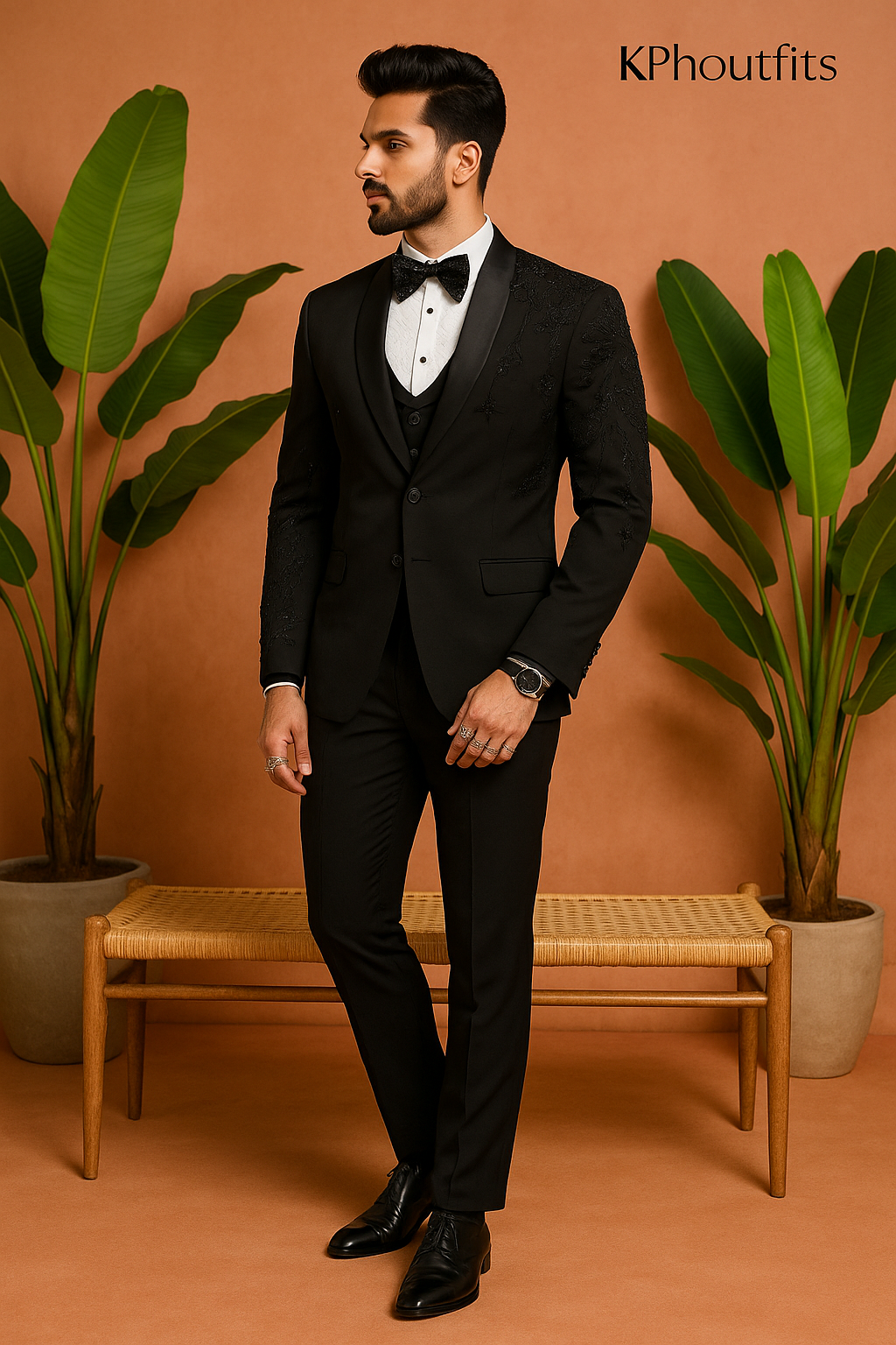 Men's Black Shawl Lapel Tuxedo with Handcrafted Embellishments By KPH Outfits