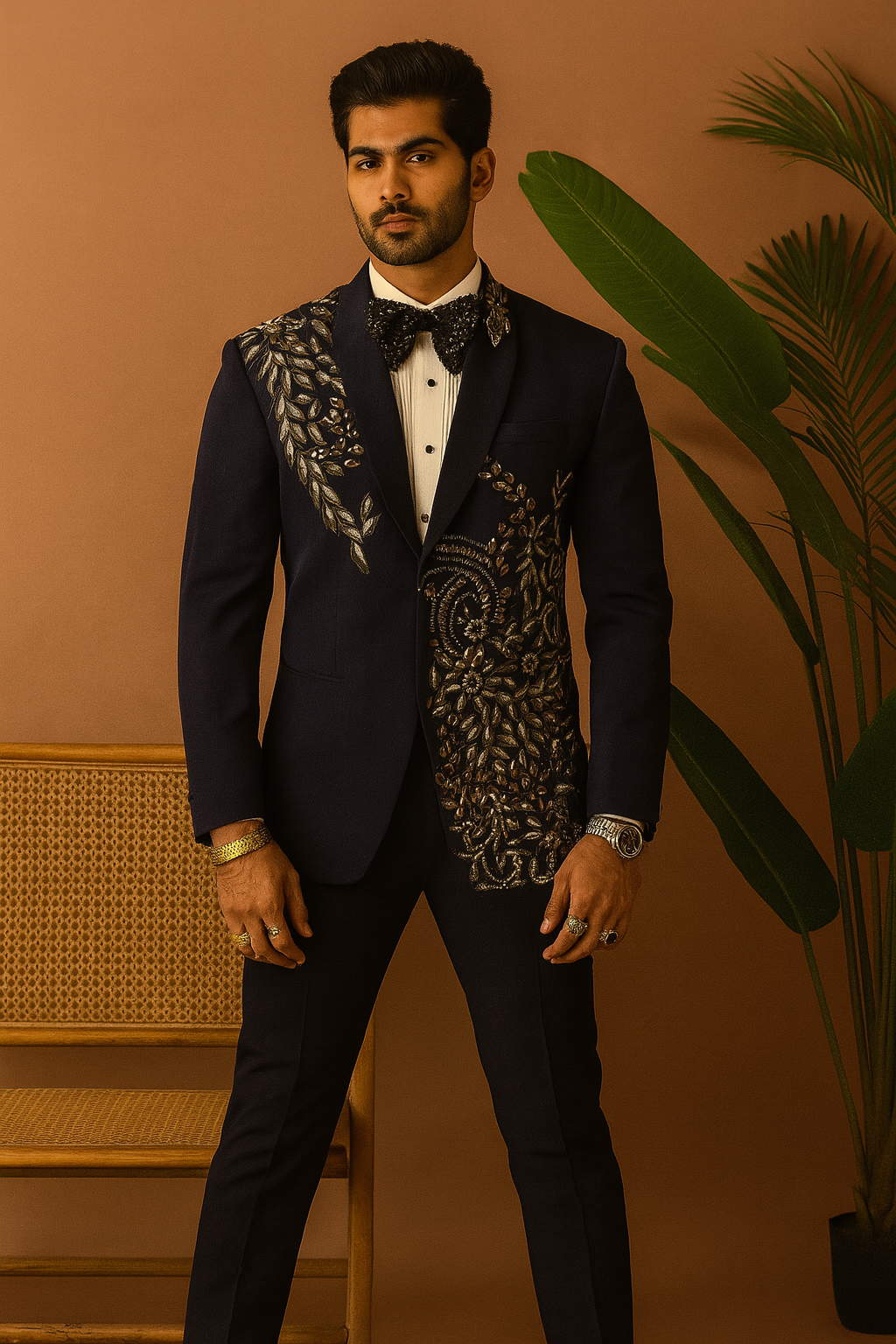 “Side view of Men’s Exclusive Embellished Tuxedo Suit premium Japanese fabric”