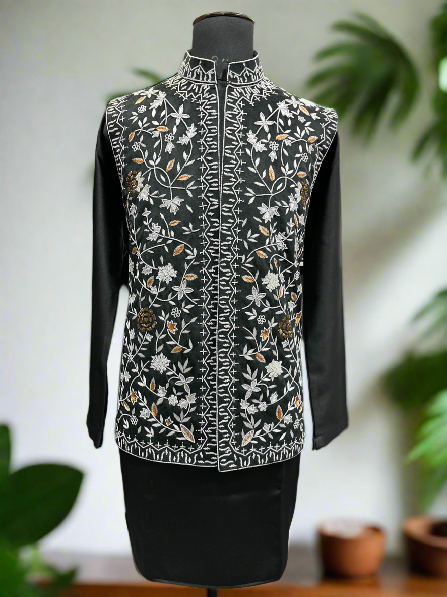 Men's Black Embellished & Hand Details Work Nehru Jacket Set