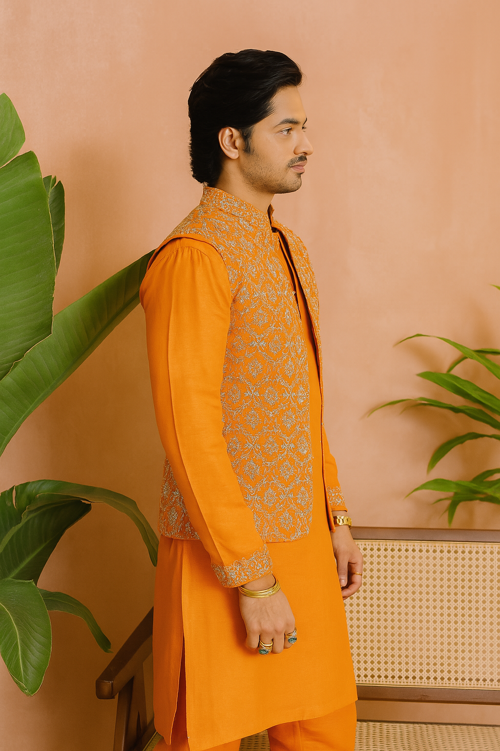 A photograph of a man in a stylish kurta set, highlighting the quality of the fabric and the unique design.

