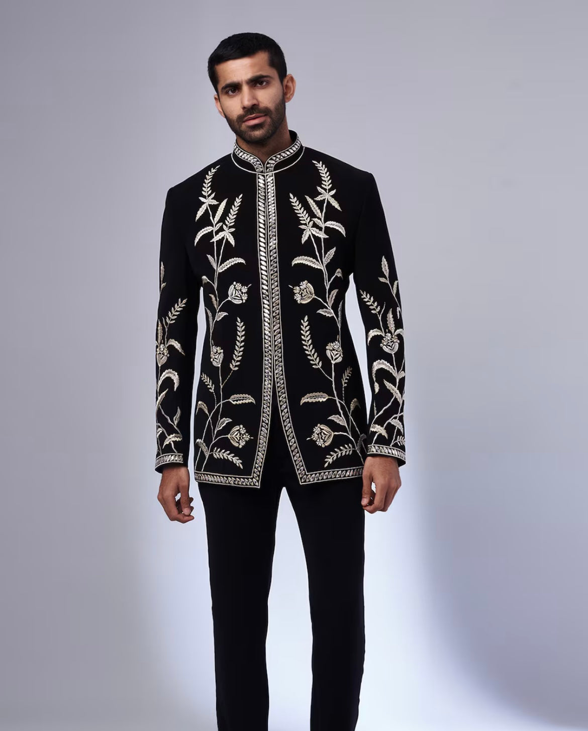 Men's Black Thread Embellished Leaf Design Bandhgala Suit